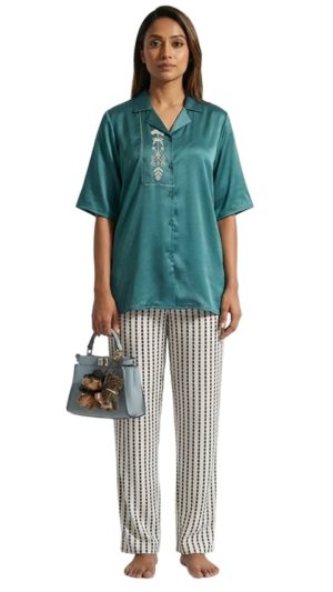 Elegant Women’s Satin Kurti With Embroidered Collar and Button Front