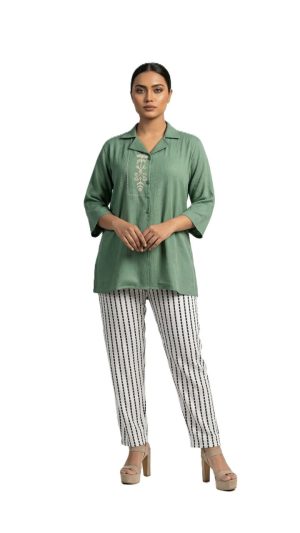 Elegant Women’s Satin Kurti With Embroidered Collar and Button Front