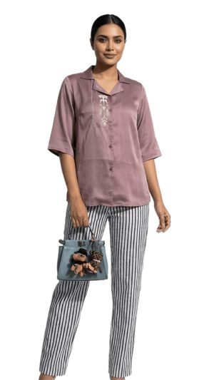 Elegant Women’s Satin Kurti With Embroidered Collar and Button Front