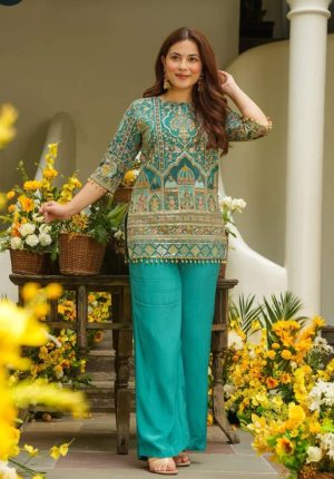 Royal Teal Heritage Embroidery Kurti two-Piece Set