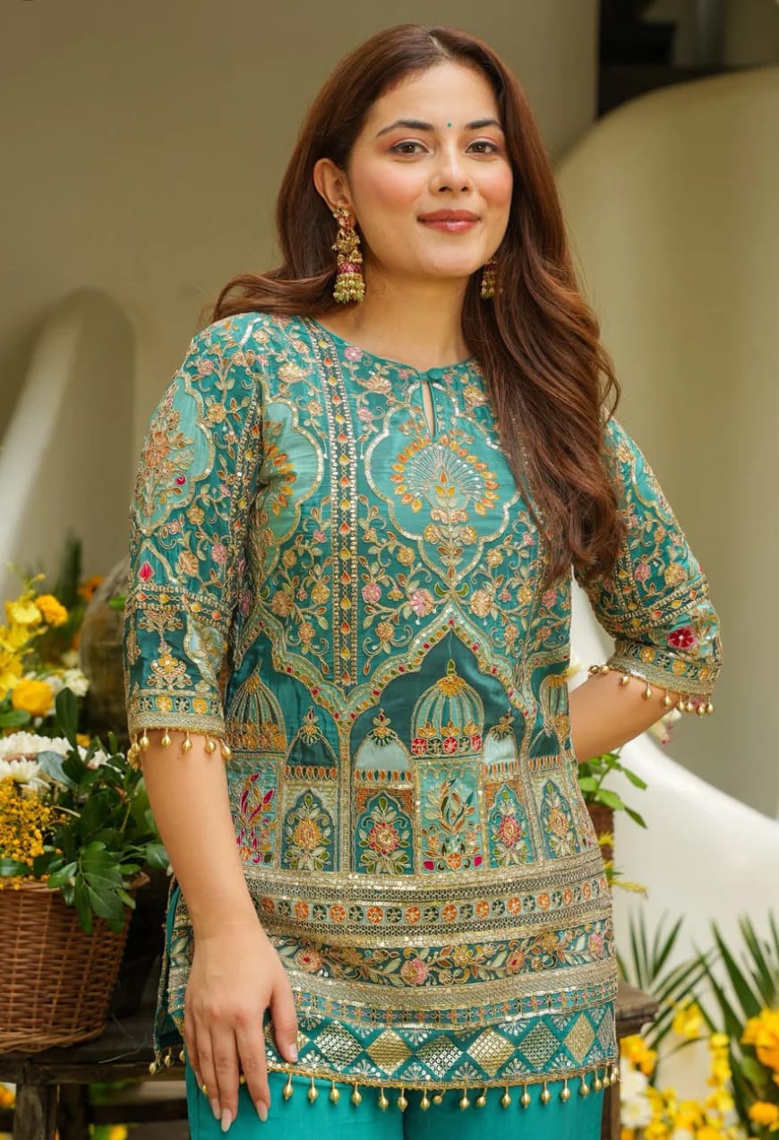 Royal Teal Heritage Embroidery Kurti two-Piece Set - Image 2