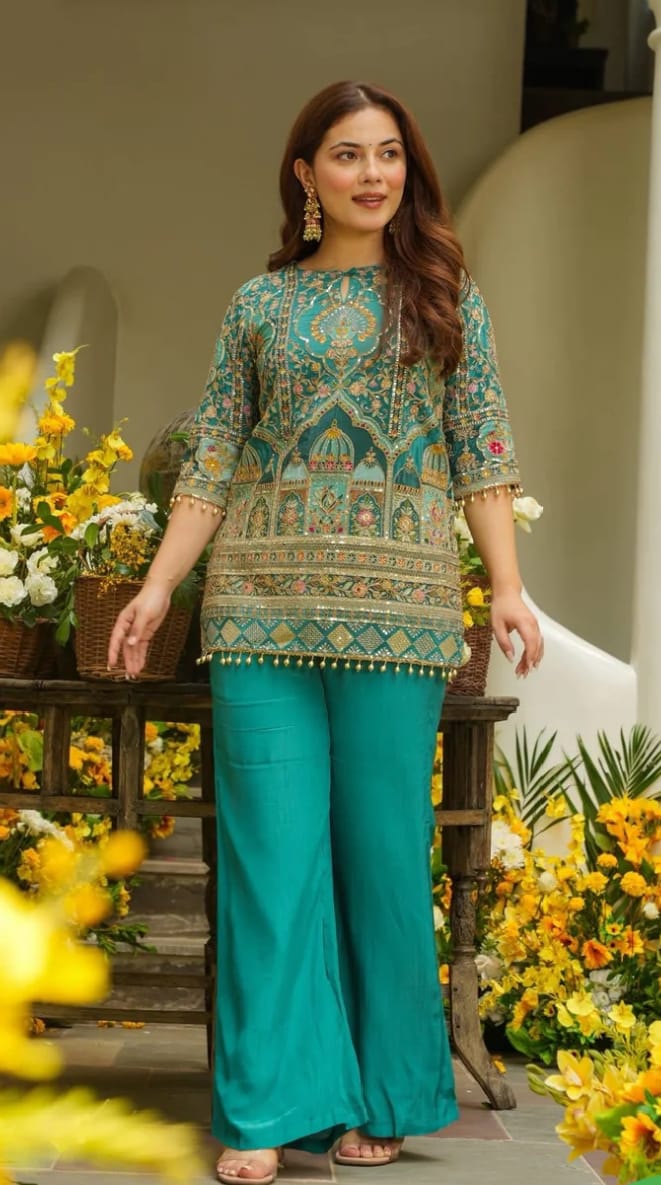 Royal Teal Heritage Embroidery Kurti two-Piece Set - Image 3