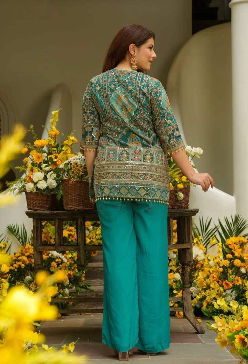 Royal Teal Heritage Embroidery Kurti two-Piece Set - Image 4