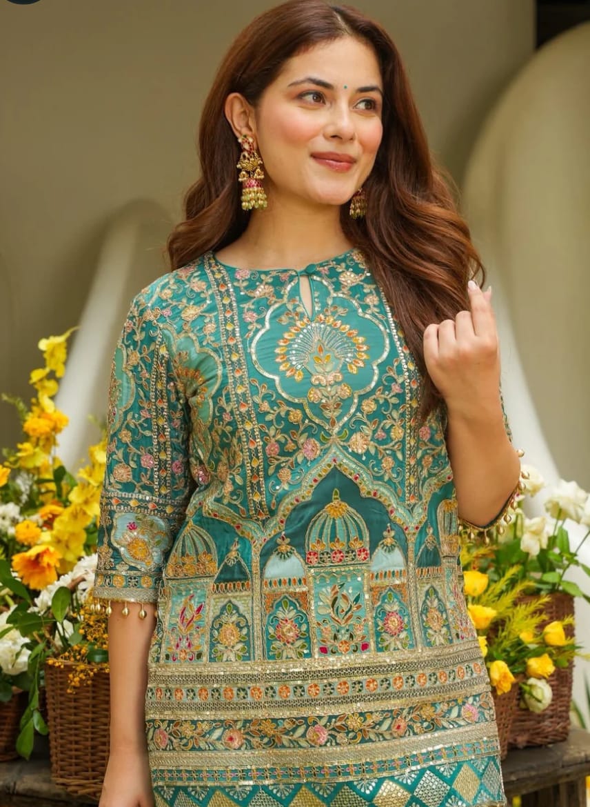 Royal Teal Heritage Embroidery Kurti two-Piece Set - Image 5